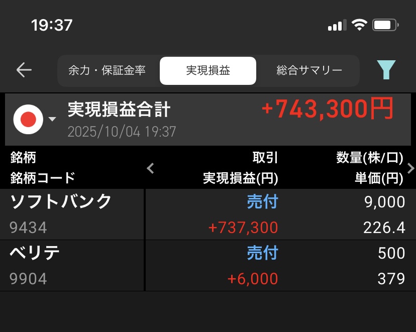 25年9月の実現損益